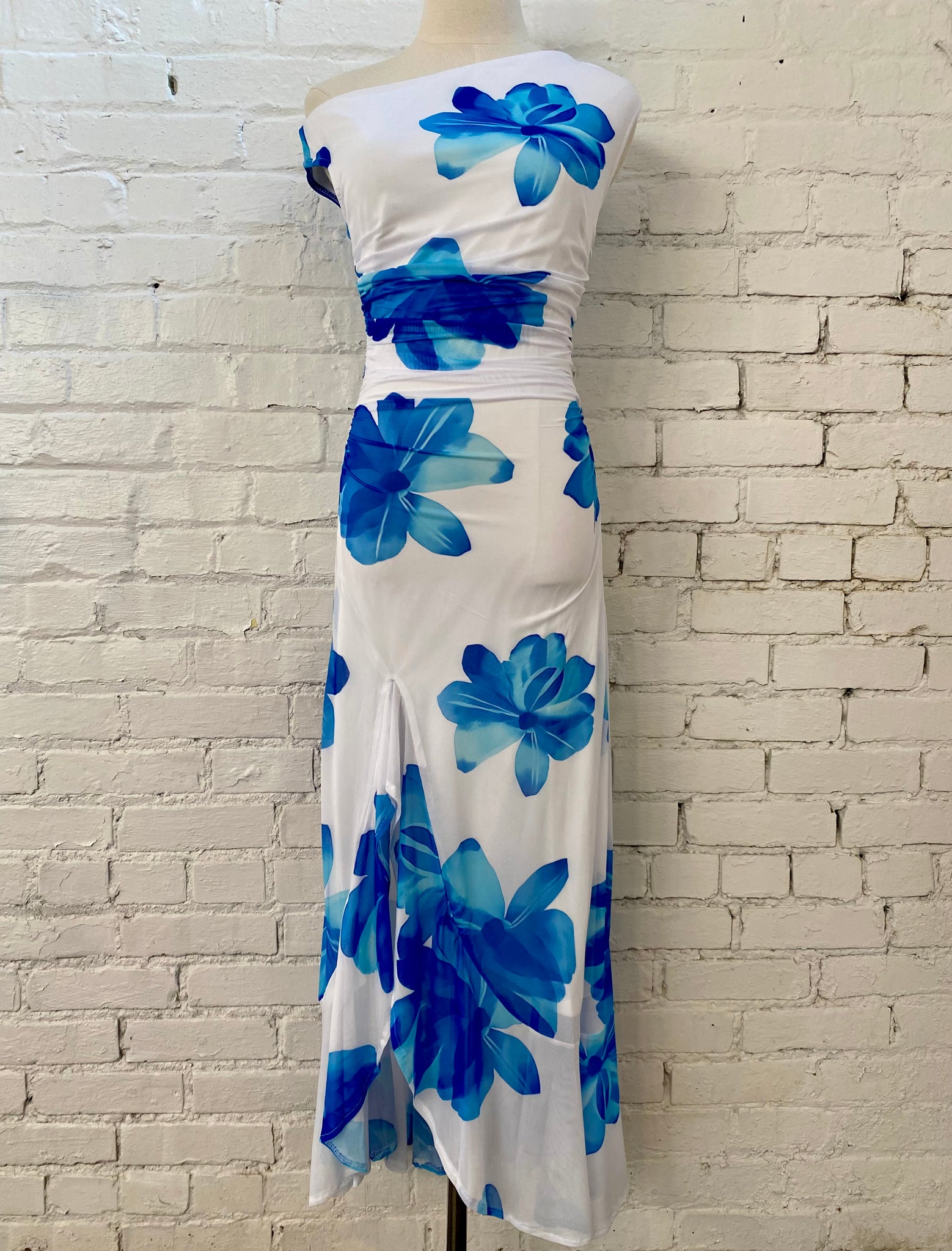 slip dress with mesh overlay Floral Mesh Overlay Slip Dress White/Blue / Large
