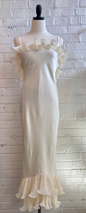 accordion pleated dress white Quinnae Off-Shoulder Accordion Pleat Maxi Dress White