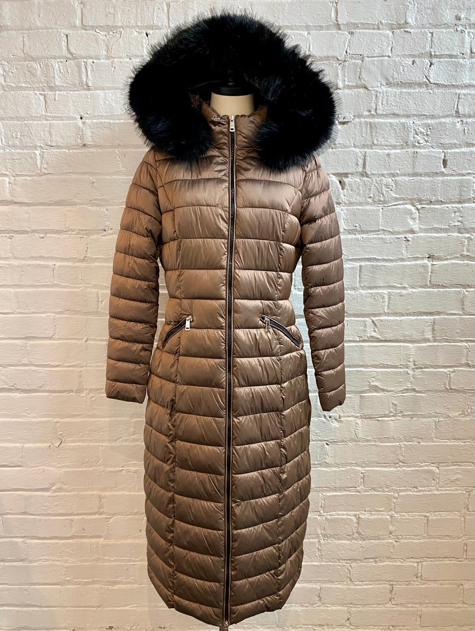 Long Metallic Puffer Jacket with Removable Fur Trim and Hood