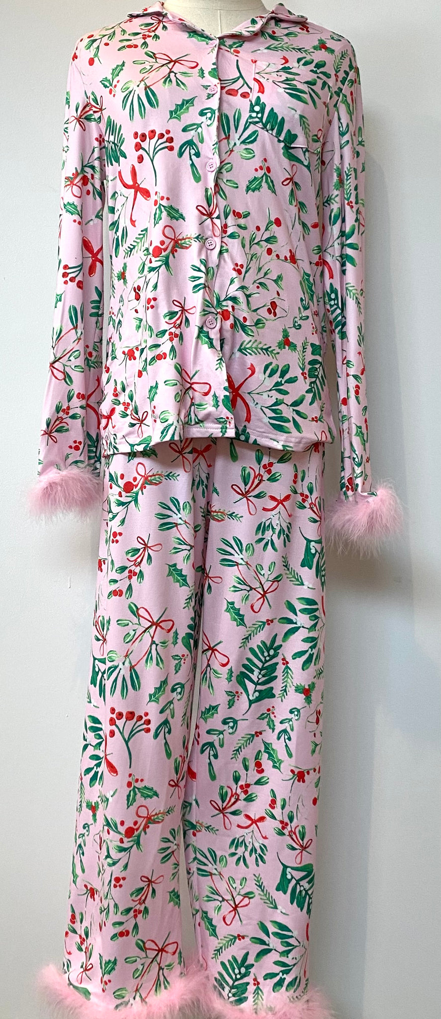 Fancy Feather Trimmed Xmas Pajamas