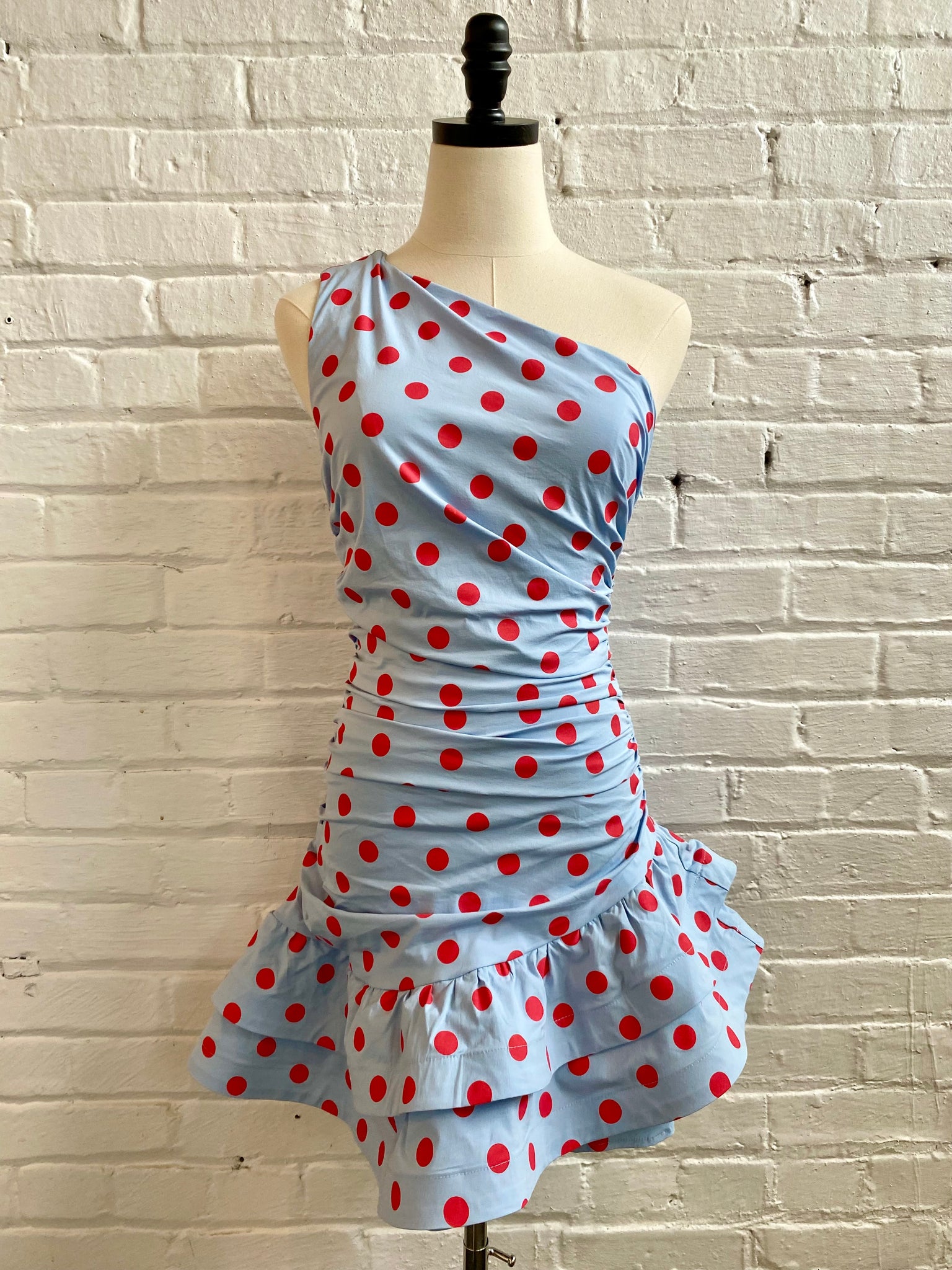 one shoulder polka dot dress One Shoulder Polka Dot Bubble Mini Blue/Red / Small