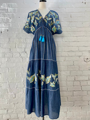 V-Neck Embroidery Ruffle Neck Long Dress Denim / Large