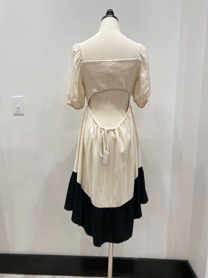 Linen Puff Sleeve Color Block Dress
