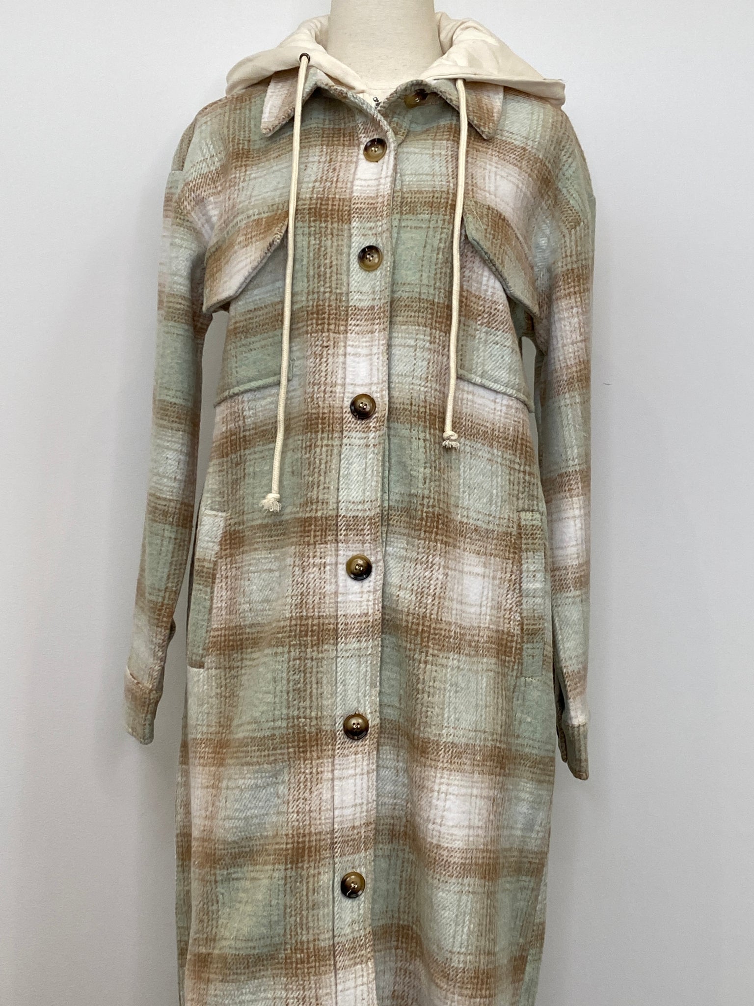 Twofer Hoodie Plaid Long Coat