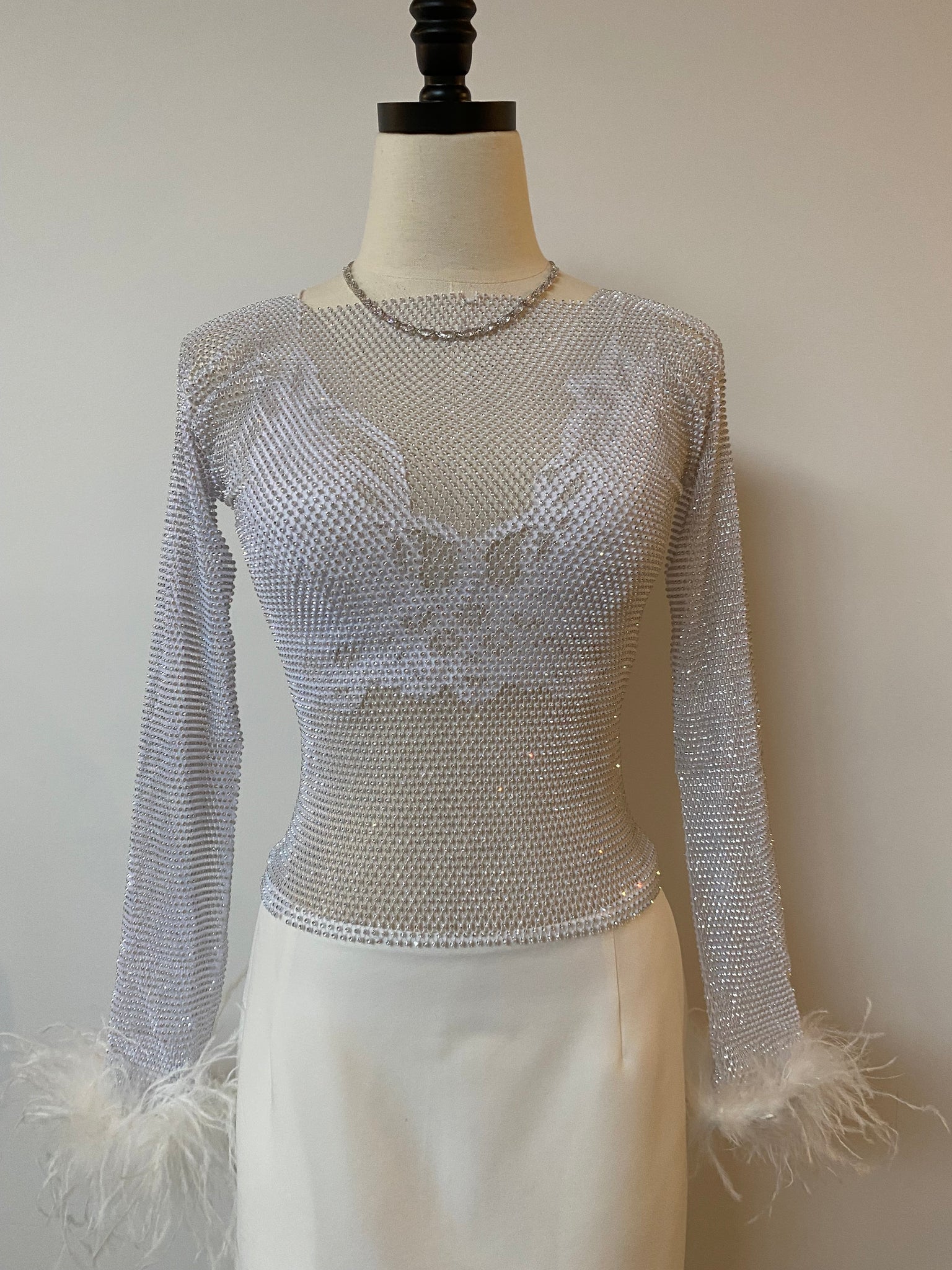 Sheer Rhinestone Feather Trim Top