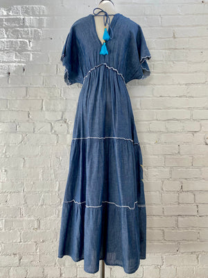 v neck ruffle denim dress Jenn Denim Ruffle Trim Tiered Dress Small