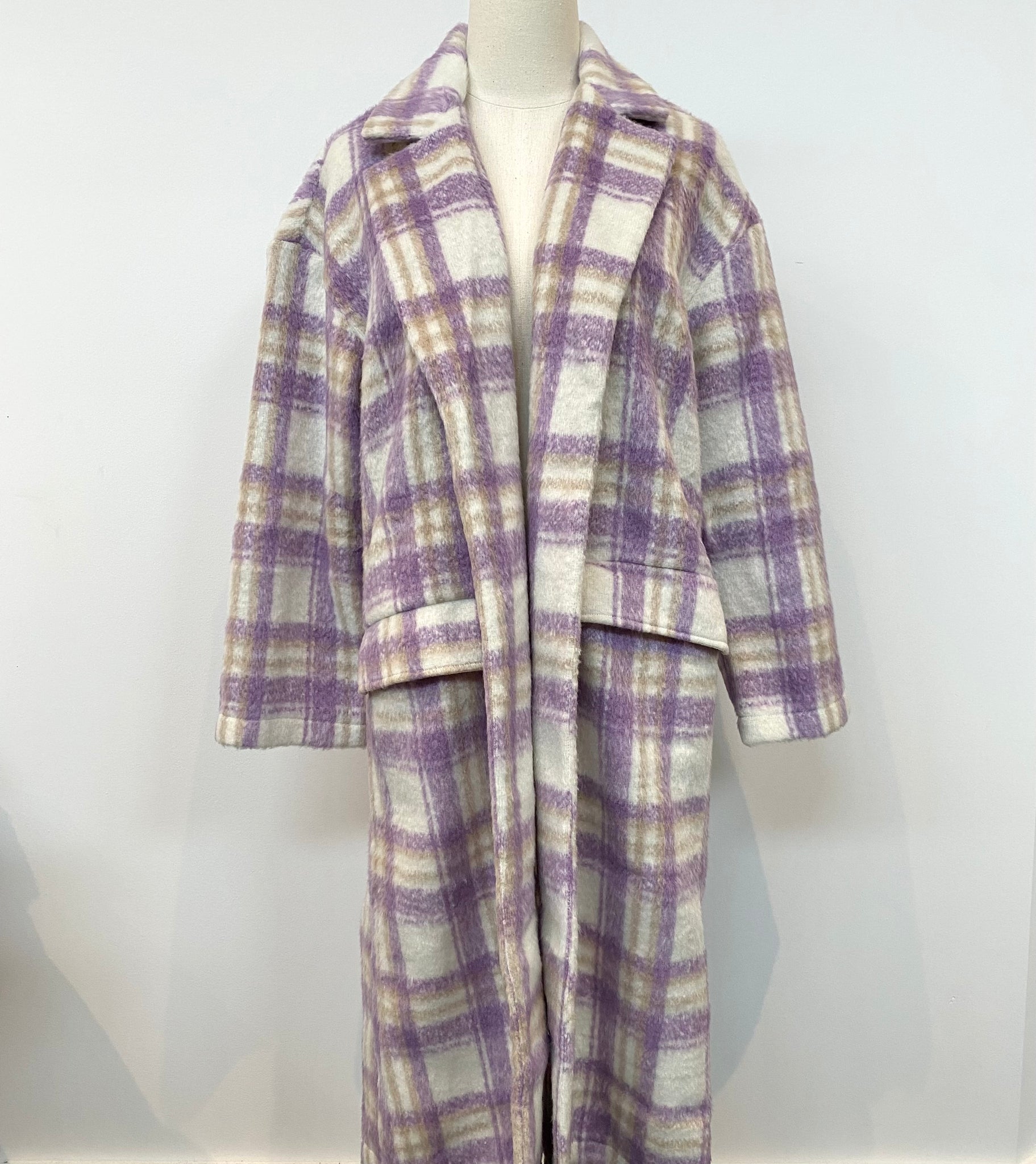 Brushed Plaid Open Front Coat