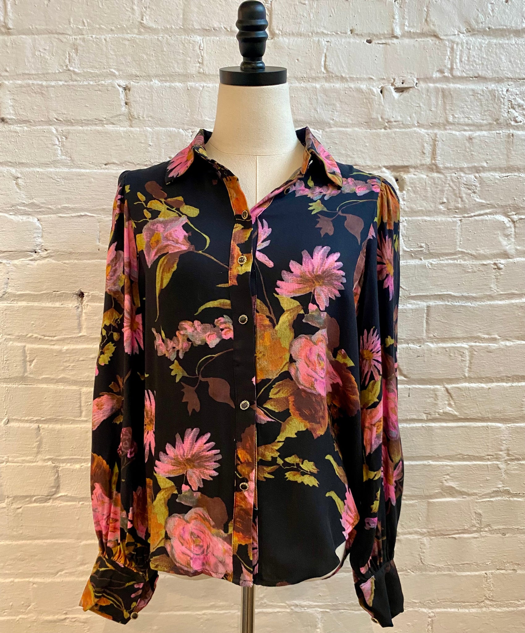 Bright Floral Print Black Blouse