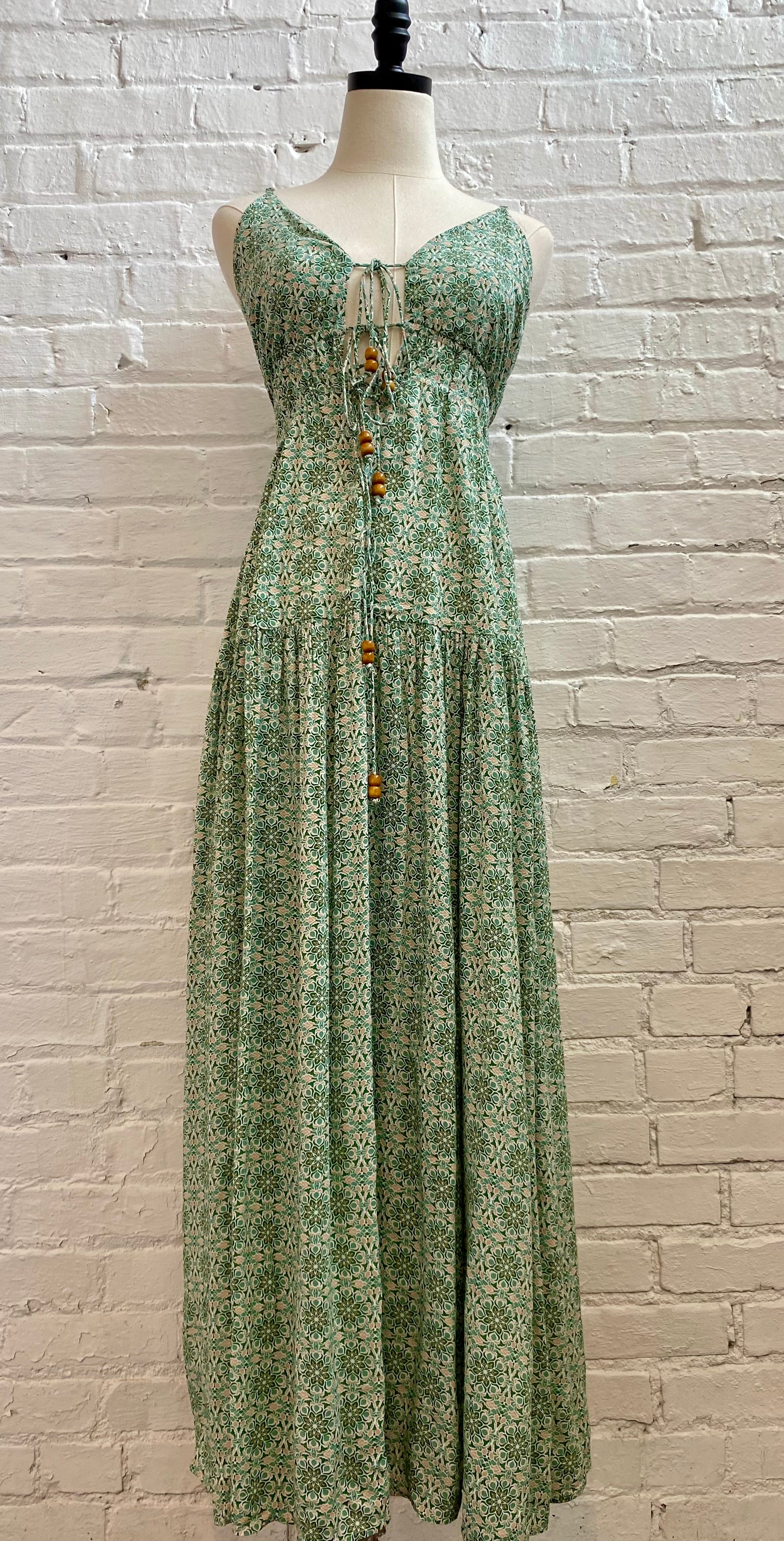 Green Boho Maxi Dress w/Wood Bead Ties Showroom56 Green Boho Maxi Dress w/Wood Bead Ties Showroom56