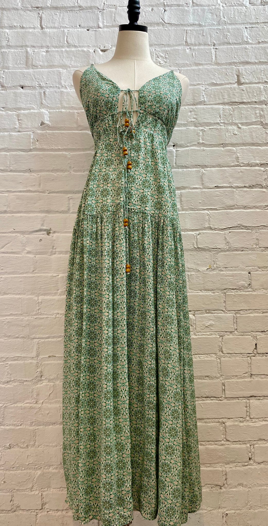 Green Boho Maxi Dress w/Wood Bead Ties Showroom56 Green Boho Maxi Dress w/Wood Bead Ties Showroom56