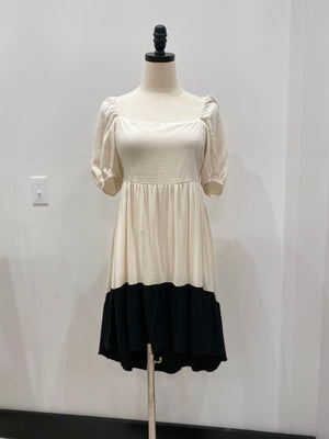 Linen Puff Sleeve Color Block Dress
