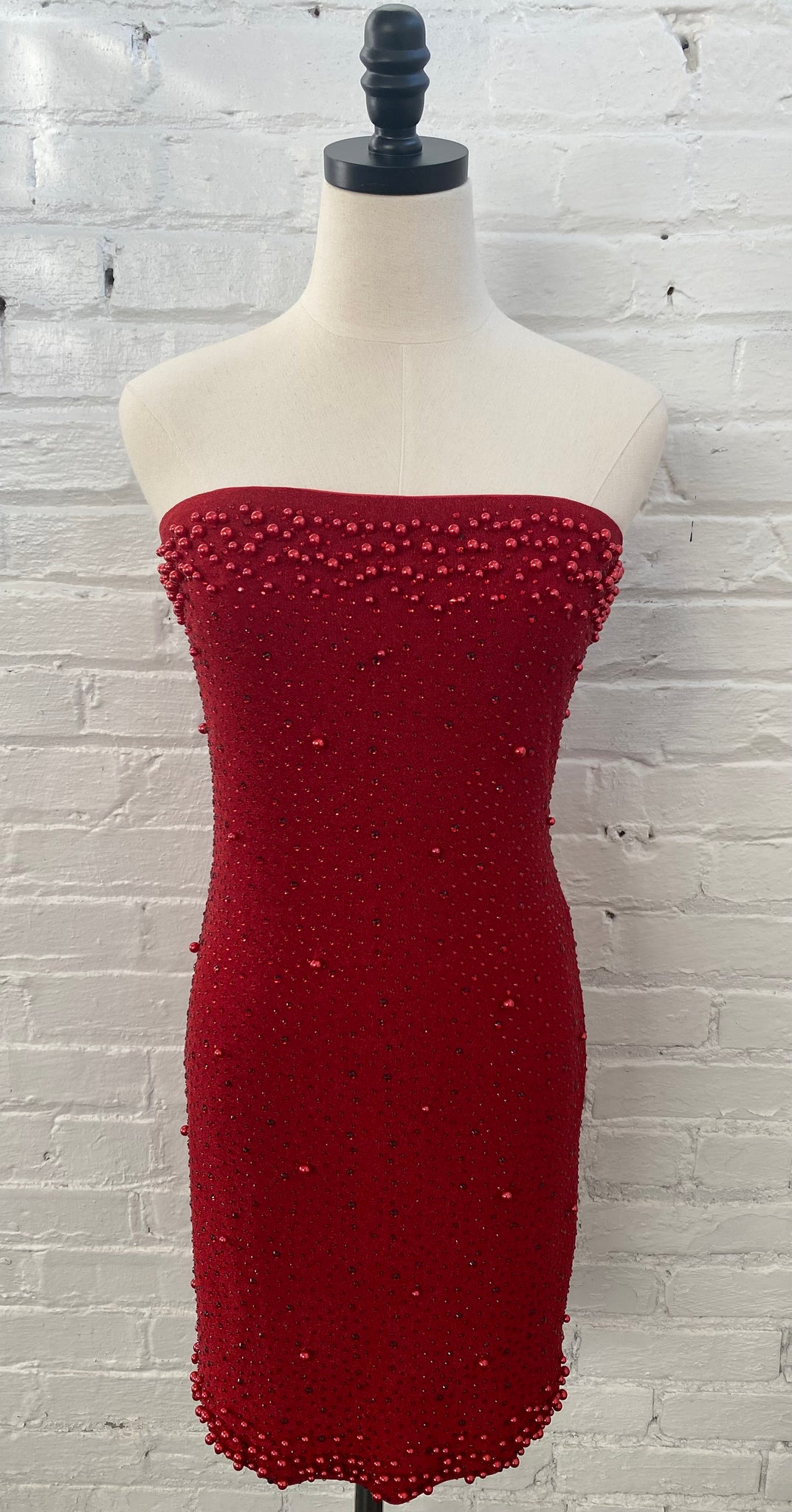 Strapless Pearl and Red Rhinestone Dress