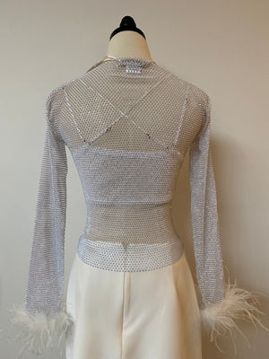 Sheer Rhinestone Feather Trim Top