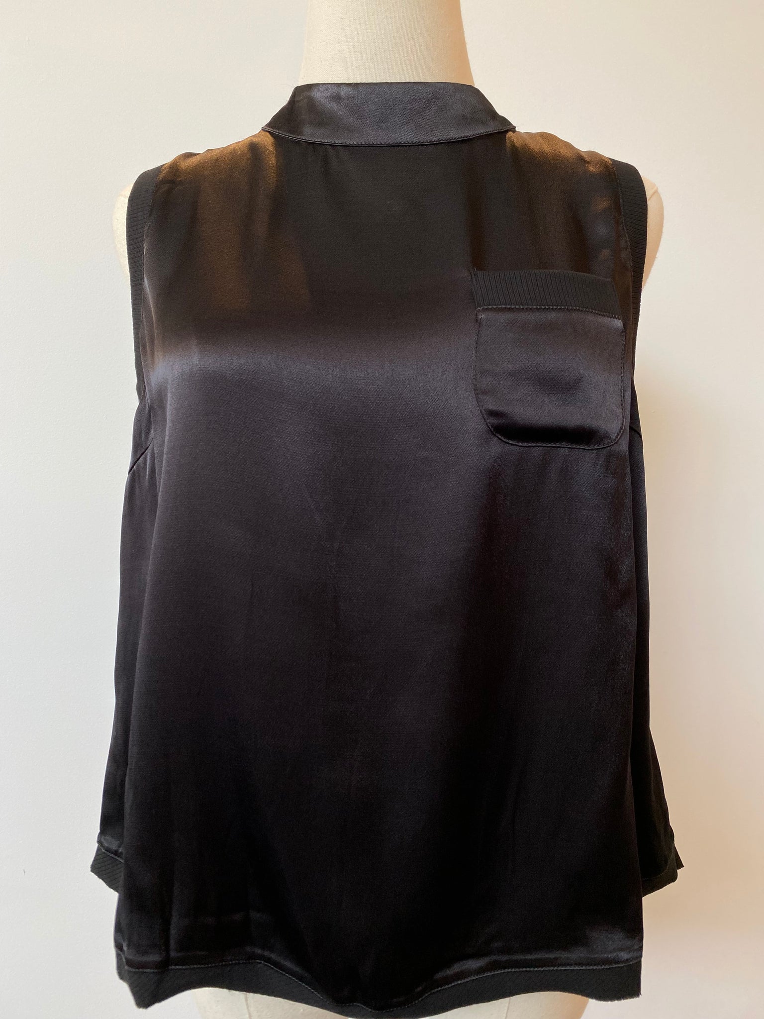 Sleeveless Satin Top with Ribbed Trim