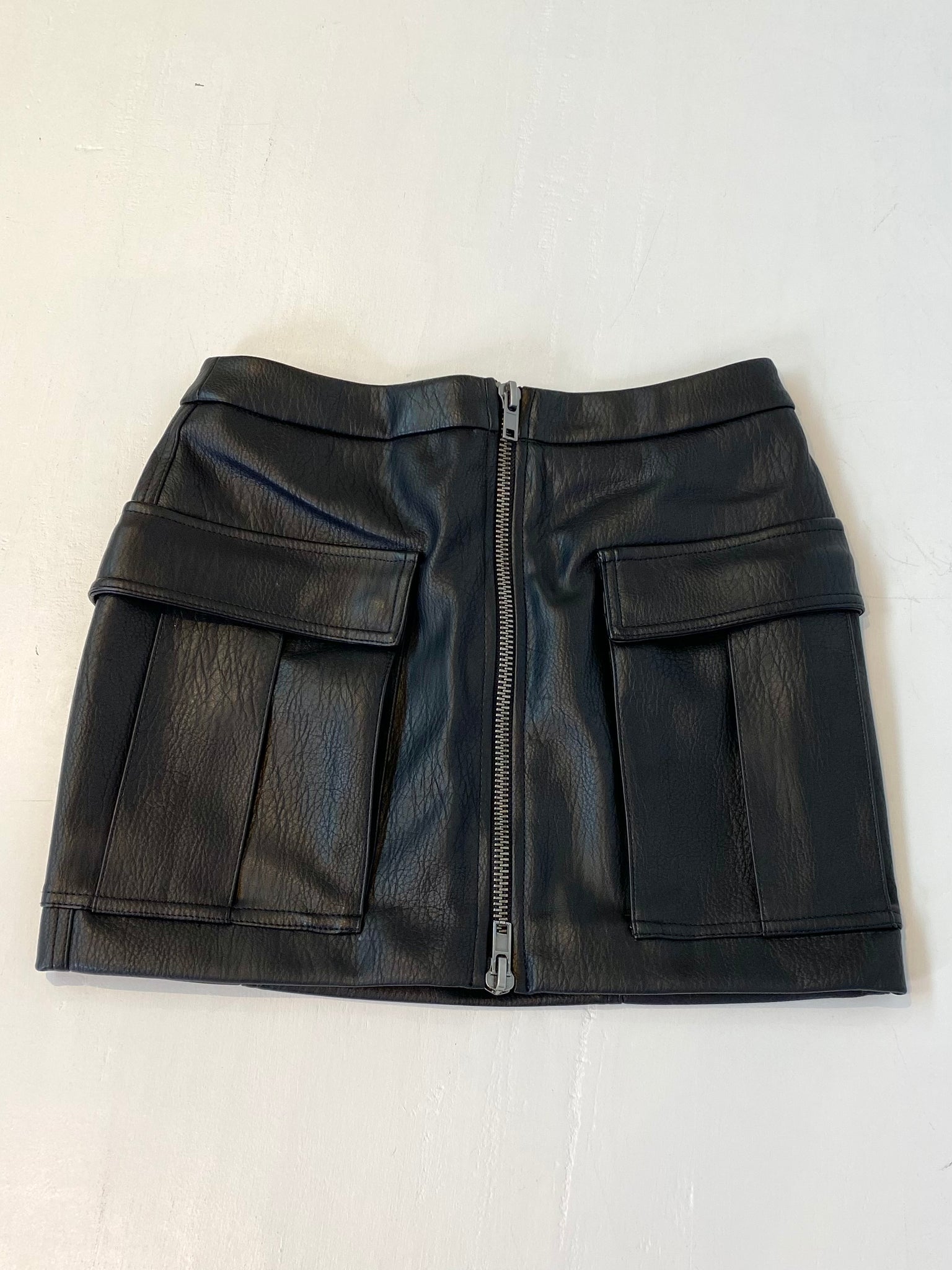 Black Leather Zip Front Mini Skirt