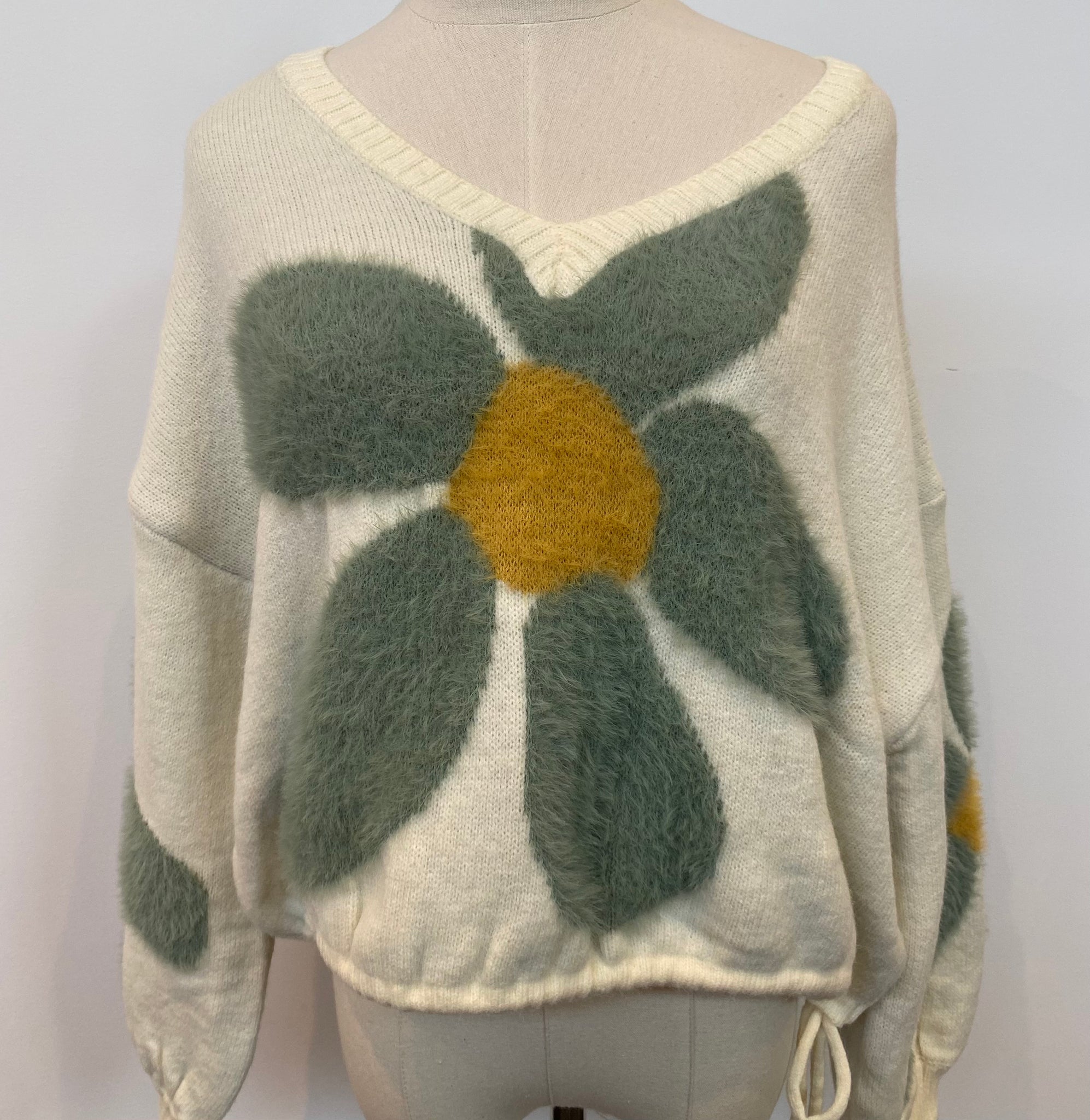 Faux Mohair Floral Drawstring Sweater