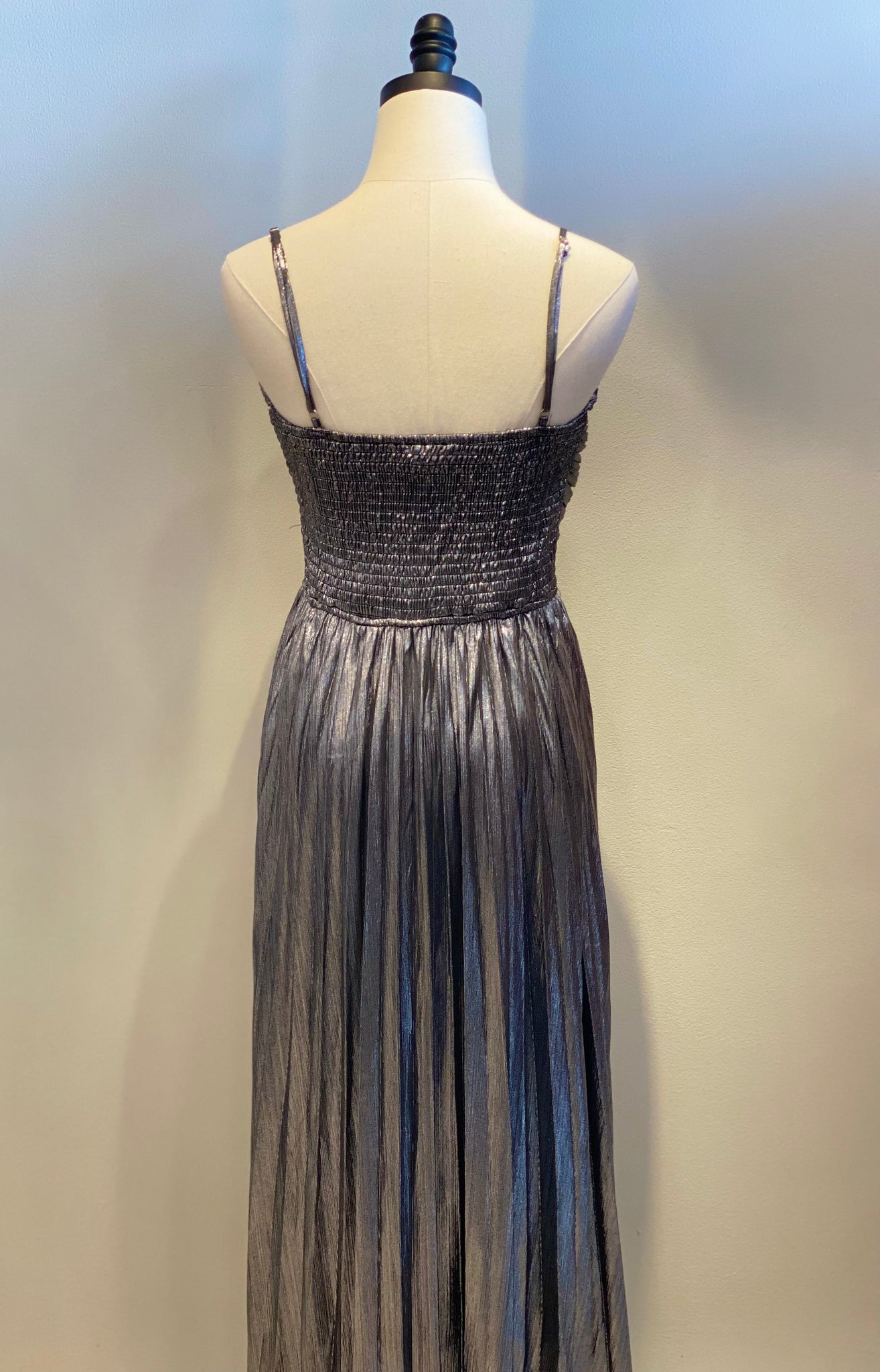 Metallic Foiled Pleated Midi Dress