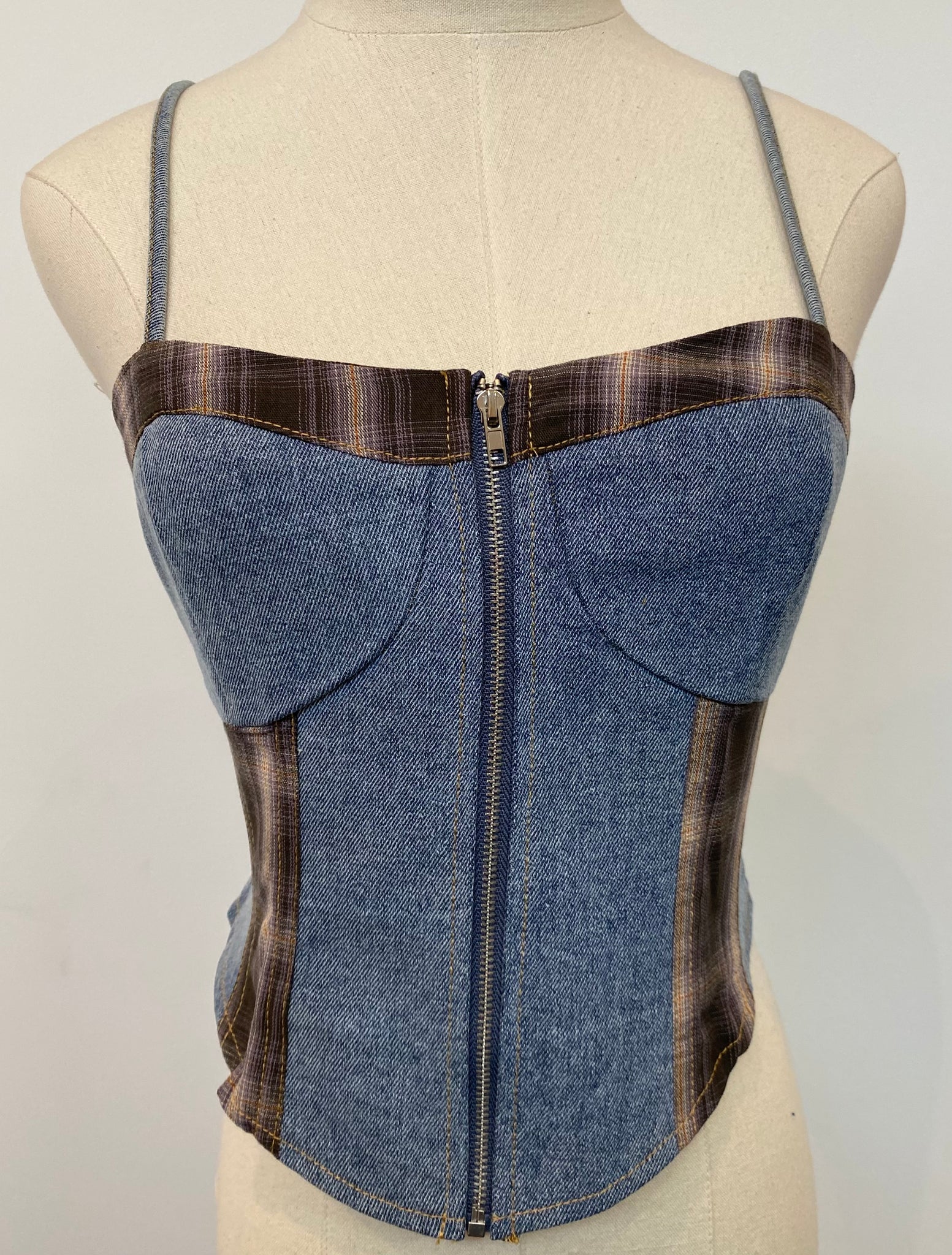 Plaid Front Zip Denim Corset Top