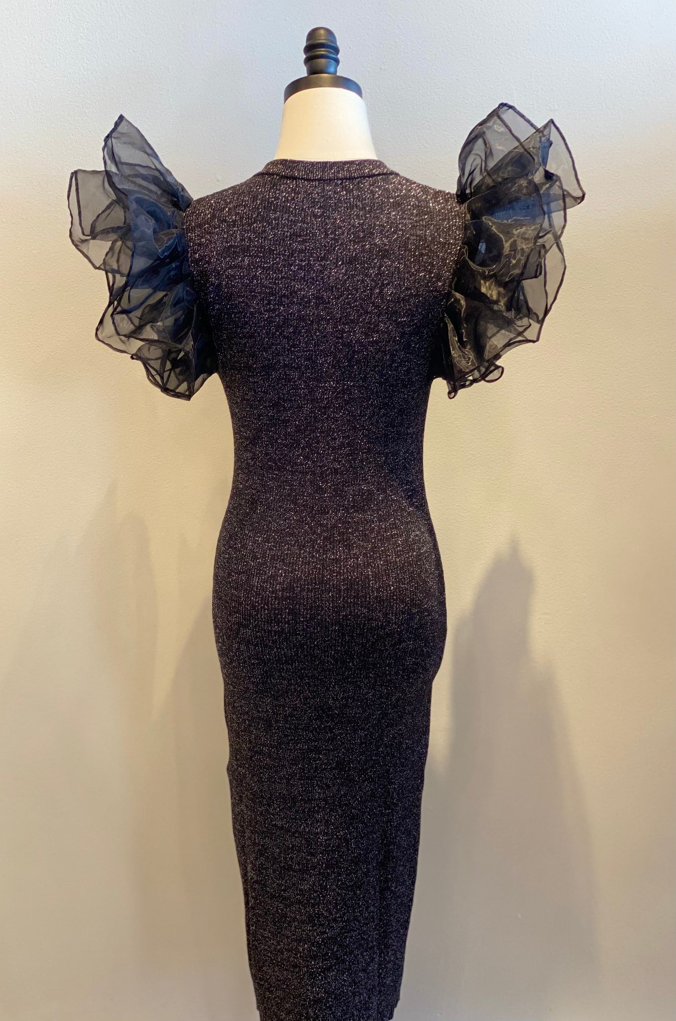 Metallic Ruffle Sleeve Midi Dress