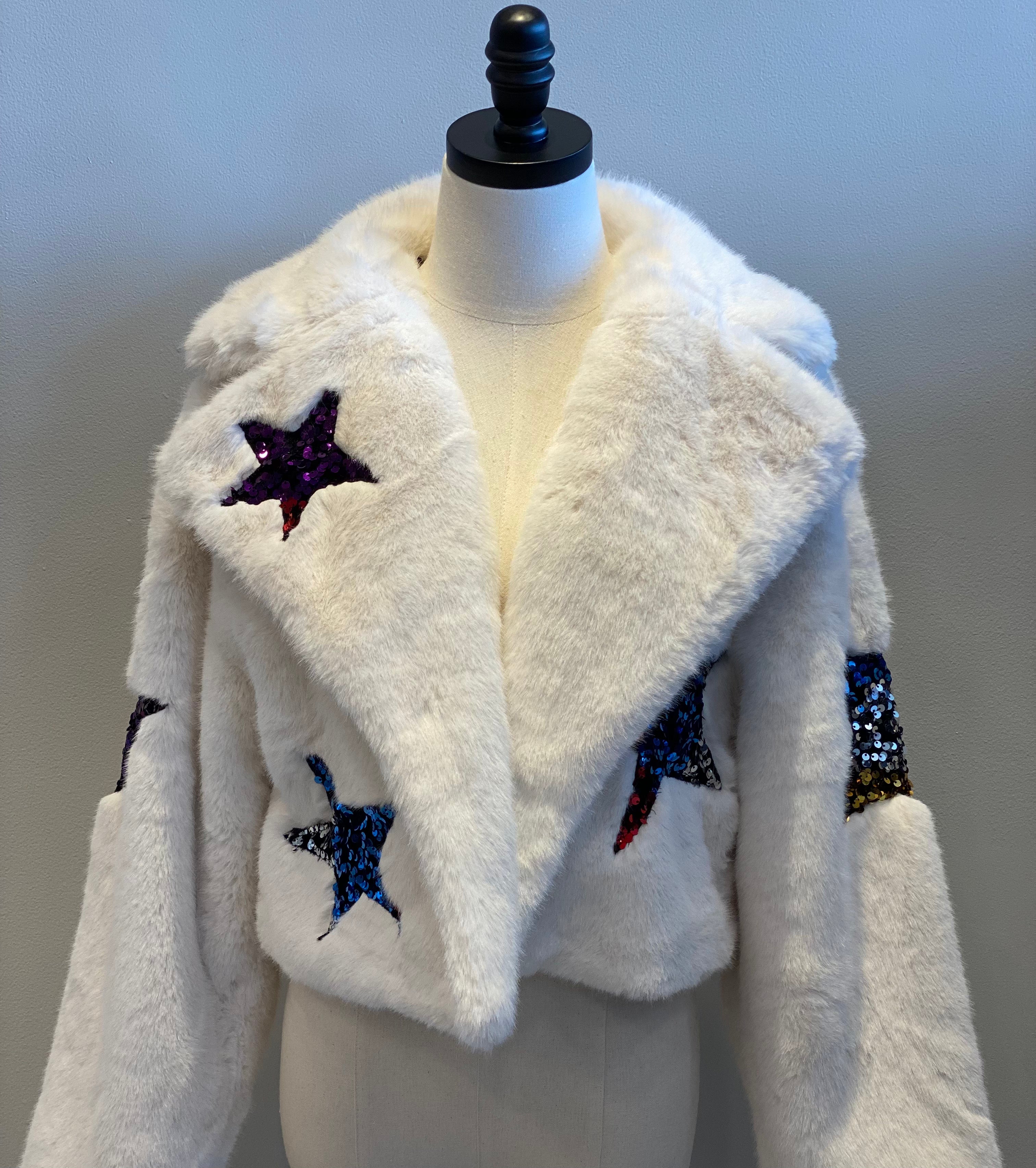 Sequins Stars Faux Fur Jacket