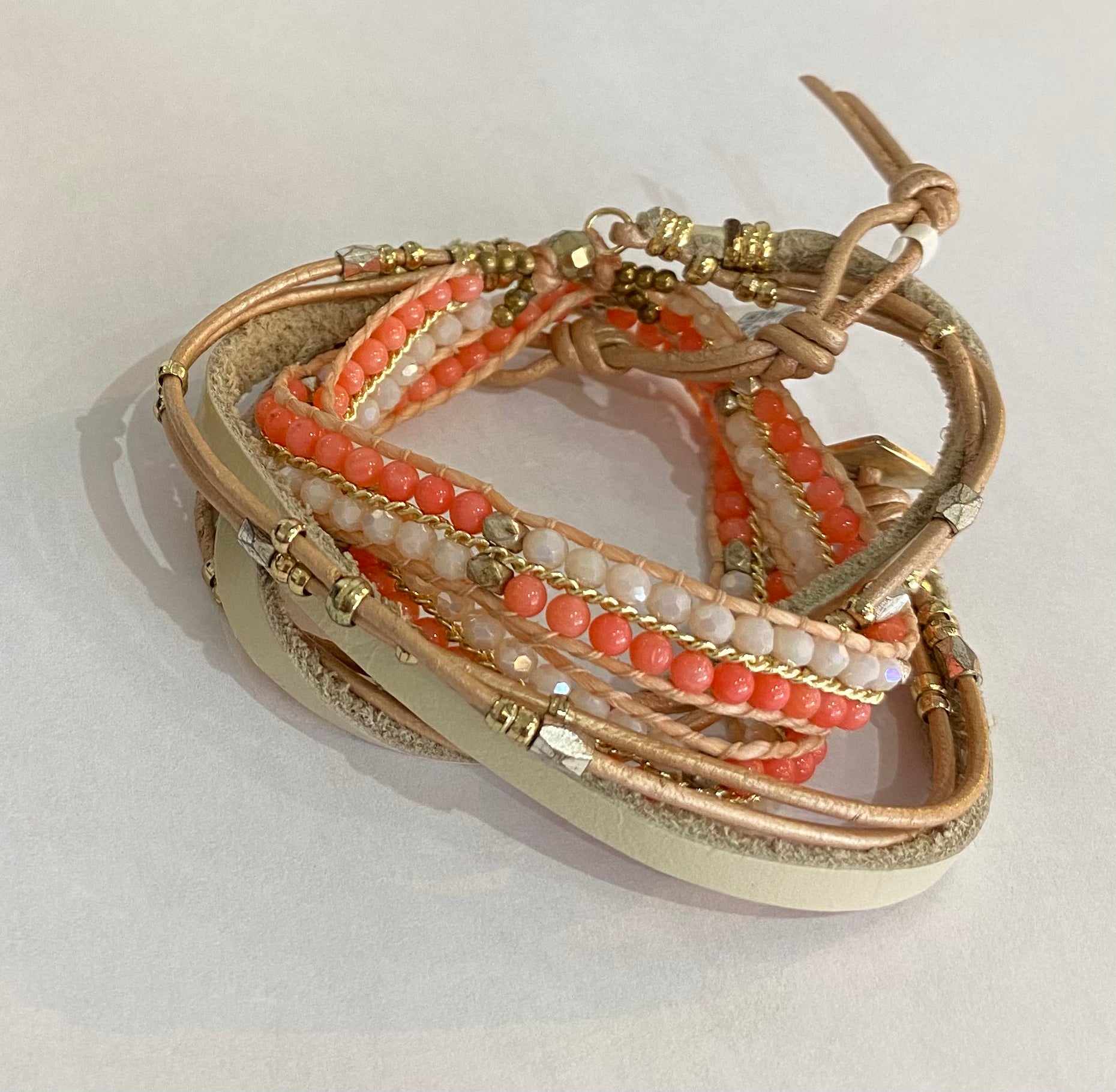Coral Leather Wrap Bracelet