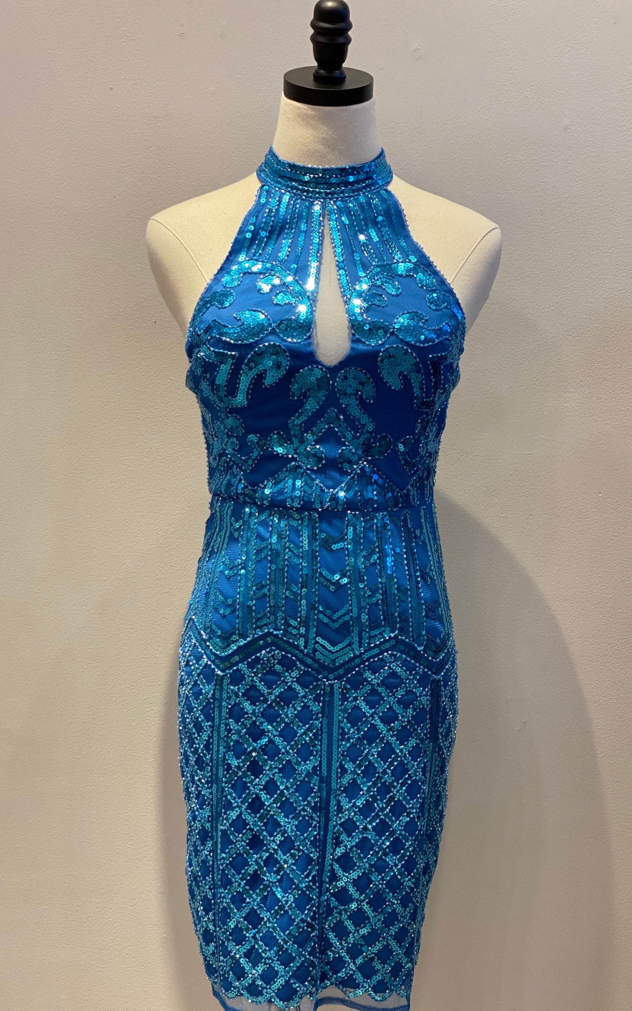 High Neck Blue Sequin Dress
