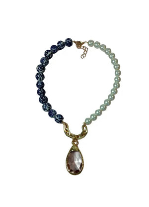 Blue Cloisonné Beaded Necklace With Gold Crystal